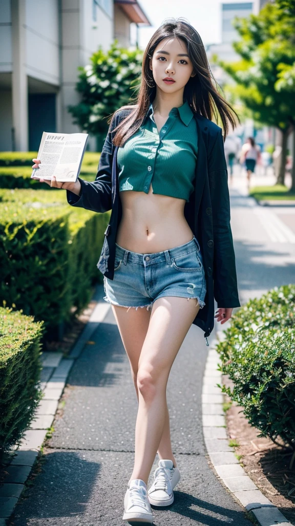 (best quality, Masterpiece, Realistic photos, very detailed, Ultra high resolution, raw:1.3), 1 woman, beautiful, Japan, in university, A young university girl wears a green button-up crop top., Blue Jeans, showing navel, College Student, navel, (canvas shoes, ขาbeautiful, full body), Walking place, holding a book, Dress well 