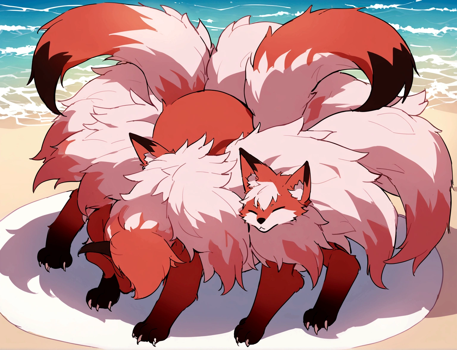 A giant red fox with 9 tails and 4 legs, whose tips are light pink. The tails are very fluffy and soft. The chest coat is light pink, as well as the tips of the paws. ao redor, a circle of small light pink flames. Ao fundo, a sunny beach.