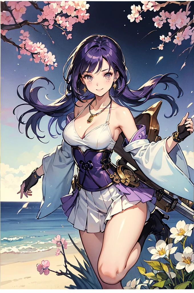 ((masterpiece)), best quality, ultra-detailed, extremely detailed, 4K, 8K, best quality, steampunk, no bad anatomy, beautiful, anime style, watercolor pencil, retro art style, dynamic angle, jumping pose, laboratory, Japanese-style room, a cute girl, 1girl, solo, robot suit, robot, beautiful purple hair, beautiful yellow eyes, beautiful eyes, mesh, transparent hair, translucent hair, fingered gloves, earrings, necklace, flowers, Japanese sword, smile, light smile, sparkling effect