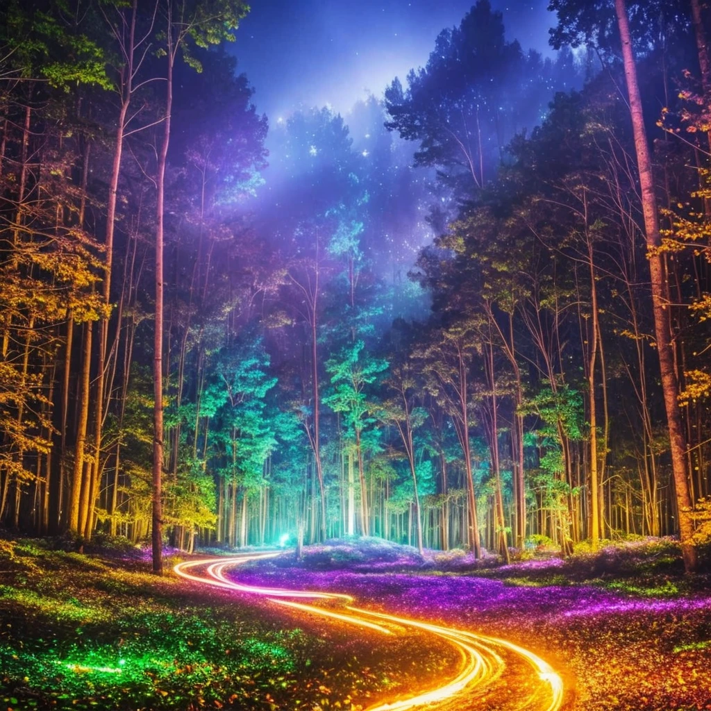 a forest filled with lots of trees and lights, magic fairy forest, magical forest in the background, magical forest, magical colours and atmosphere, very magical and dreamy, enchanted and magic forest, magical colors and atmosphere, enchanted magical fantasy forest, magical fantasy forest, in a magical forest, magical forest with fireflies, magic forest, magical forest backround, . ethereal lights