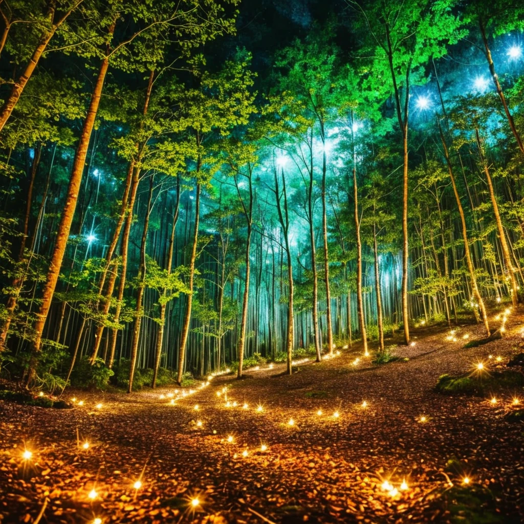 a forest filled with lots of trees and lights, magic fairy forest, magical forest in the background, magical forest, magical colours and atmosphere, very magical and dreamy, enchanted and magic forest, magical colors and atmosphere, enchanted magical fantasy forest, magical fantasy forest, in a magical forest, magical forest with fireflies, magic forest, magical forest backround, . ethereal lights