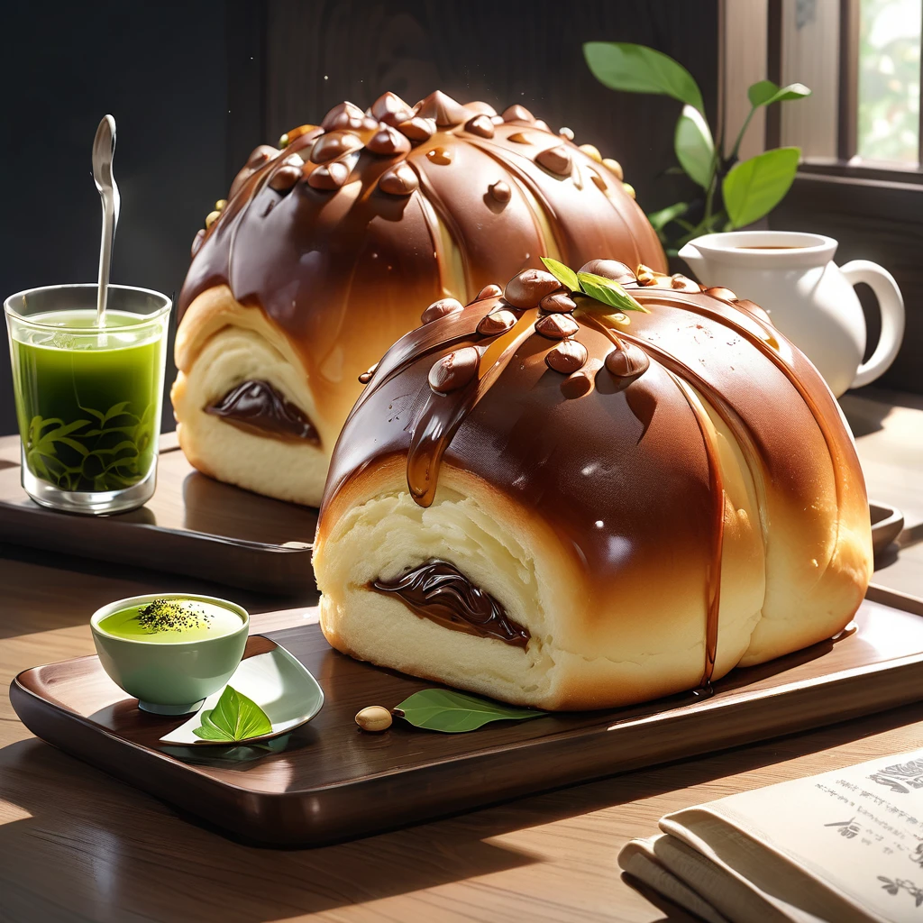 Very delicious looking chestnut buns and green tea are on the table.。perfect anatomy, masterpiece, best quality, 16K, beautiful detailed grow, daydreaming expression