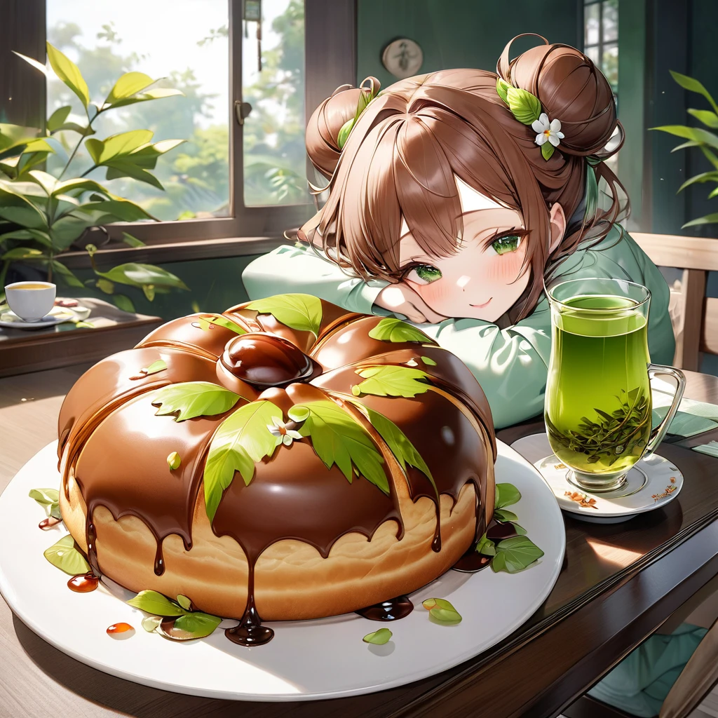 Very delicious looking chestnut buns and green tea are on the table.。perfect anatomy, masterpiece, best quality, 16K, beautiful detailed grow, daydreaming expression