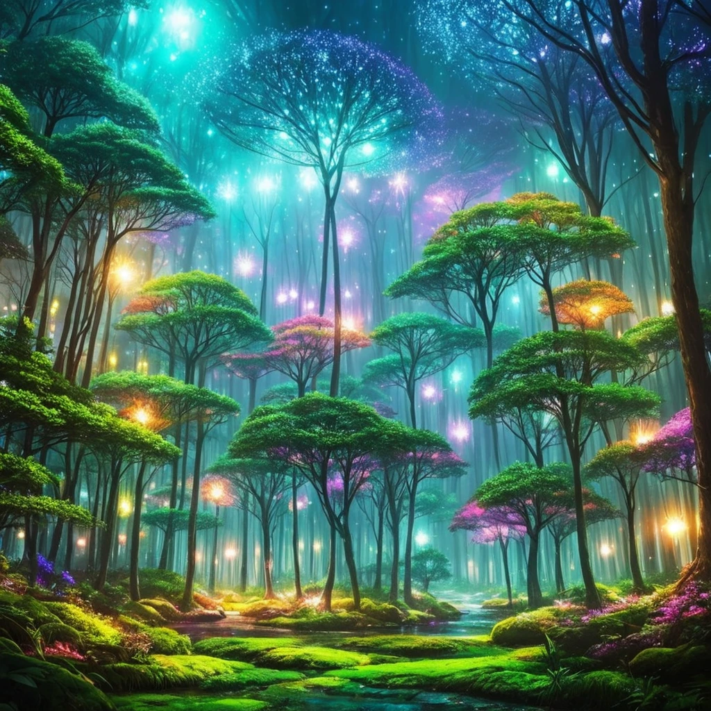a forest filled with lots of trees and lights, concept art by Beeple, flickr, fantasy art, magic fairy forest, magical forest in the background, magical forest, magical colours and atmosphere, very magical and dreamy, enchanted and magic forest, magical colors and atmosphere, enchanted magical fantasy forest, magical fantasy forest, in a magical forest, magical forest with fireflies