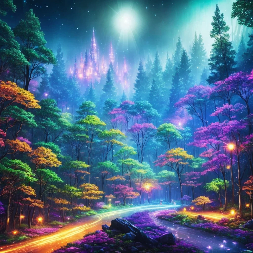 a forest filled with lots of trees and lights, concept art by Beeple, flickr, fantasy art, magic fairy forest, magical forest in the background, magical forest, magical colours and atmosphere, very magical and dreamy, enchanted and magic forest, magical colors and atmosphere, enchanted magical fantasy forest, magical fantasy forest, in a magical forest, magical forest with fireflies