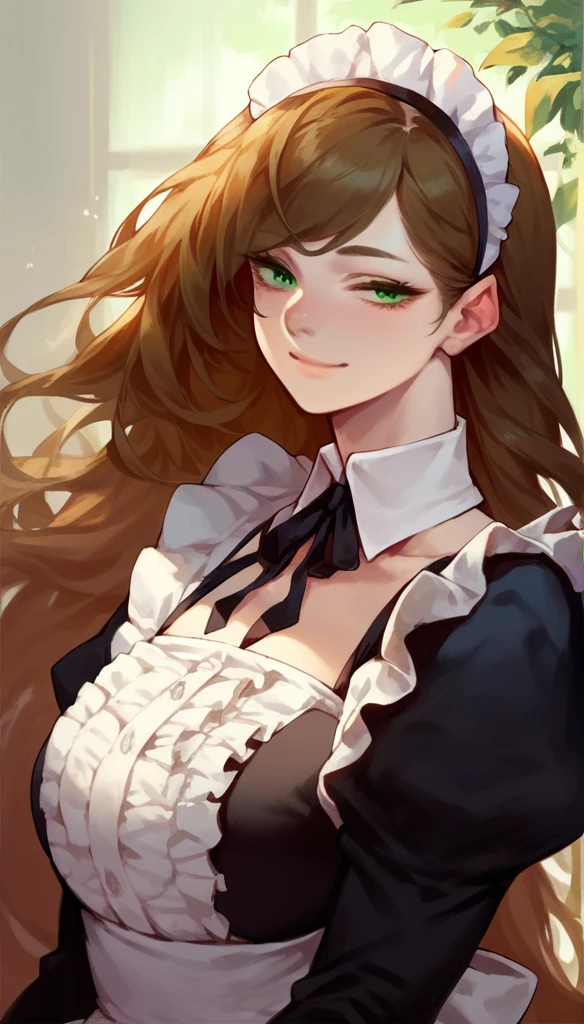 score_9, score_8_up, score_7_up, score_6_up, score_5_up, score_4_up, mature female, very long hair, side swept bangs, hime cut, straight_hair, brown hair, green eyes, eyelashes, frills, maid outfit, upper body, long sleeves, light smile