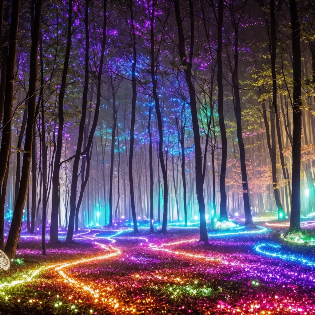 a forest filled with lots of trees and lights, magic fairy forest, magical forest in the background, magical forest, magical colours and atmosphere, very magical and dreamy, enchanted and magic forest, magical colors and atmosphere, enchanted magical fantasy forest, magical fantasy forest, in a magical forest, magical forest with fireflies, magic forest, magical forest backround, . ethereal lights
