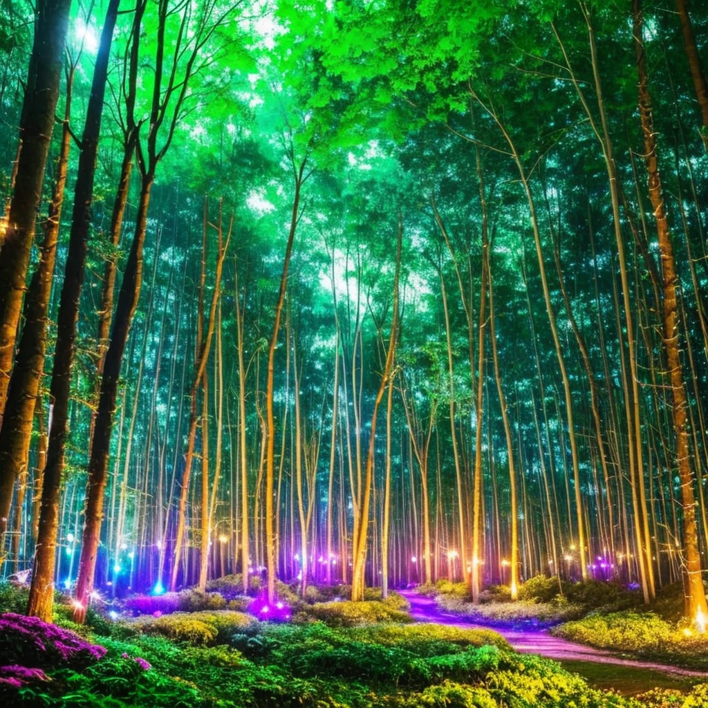 a forest filled with lots of trees and lights, magic fairy forest, magical forest in the background, magical forest, magical colours and atmosphere, very magical and dreamy, enchanted and magic forest, magical colors and atmosphere, enchanted magical fantasy forest, magical fantasy forest, in a magical forest, magical forest with fireflies, magic forest, magical forest backround, . ethereal lights