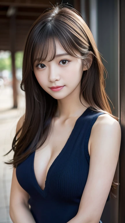 flying debris、Highest quality、shape、 Very detailed、Finer details、 High resolution、8K Dende wallpaper、完璧なダイナミックな構shape、24 year old beautiful girl、clear、Beautiful face in every detail、Beautiful eyes in every detail、Rough skin、A faint smile、Small breasts、Knit dress、Neon Light、whole body