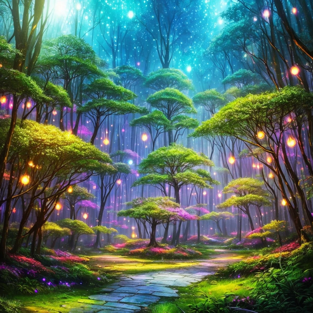 a forest filled with lots of trees and lights, concept art by Beeple, flickr, fantasy art, magic fairy forest, magical forest in the background, magical forest, magical colours and atmosphere, very magical and dreamy, enchanted and magic forest, magical colors and atmosphere, enchanted magical fantasy forest, magical fantasy forest, in a magical forest, magical forest with fireflies