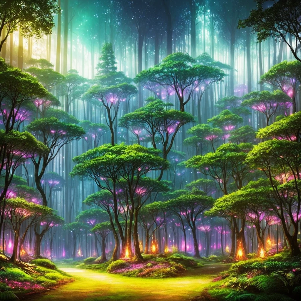 a forest filled with lots of trees and lights, concept art by Beeple, flickr, fantasy art, magic fairy forest, magical forest in the background, magical forest, magical colours and atmosphere, very magical and dreamy, enchanted and magic forest, magical colors and atmosphere, enchanted magical fantasy forest, magical fantasy forest, in a magical forest, magical forest with fireflies