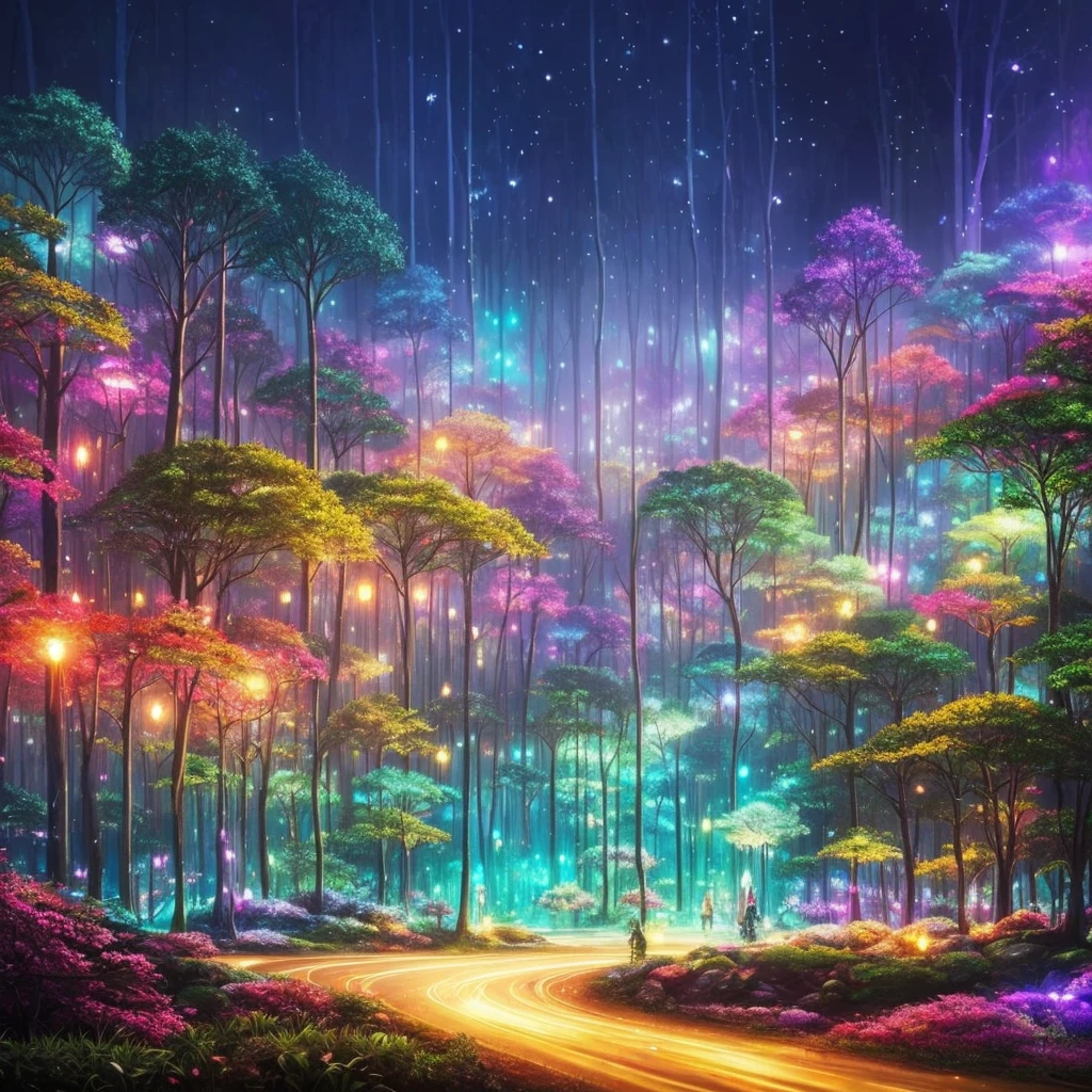 a forest filled with lots of trees and lights, concept art by Beeple, flickr, fantasy art, magic fairy forest, magical forest in the background, magical forest, magical colours and atmosphere, very magical and dreamy, enchanted and magic forest, magical colors and atmosphere, enchanted magical fantasy forest, magical fantasy forest, in a magical forest, magical forest with fireflies