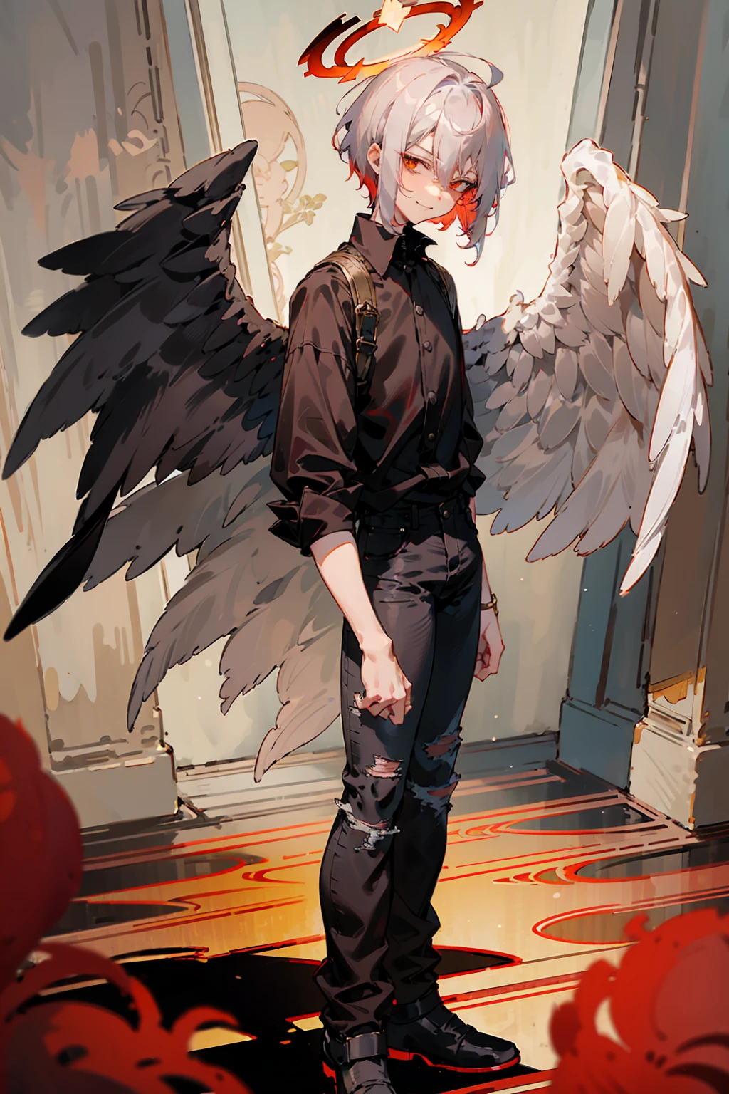portrait, male true parrot, detailed feathers, beak, (winged arms:1.2), golden anklets, choker, wristband, baggy clothing, loose t-shirt, loose shorts, sitting on bed relaxing, bedroom, photorealistic, elegant, [by kenket, [[Dan Mumford:Andy Kehoe:0.5]:Greg Simkins:0.6]:(pencil \(artwork\):1.2):0.3], realistic, masterpiece, 4k, sharp focus