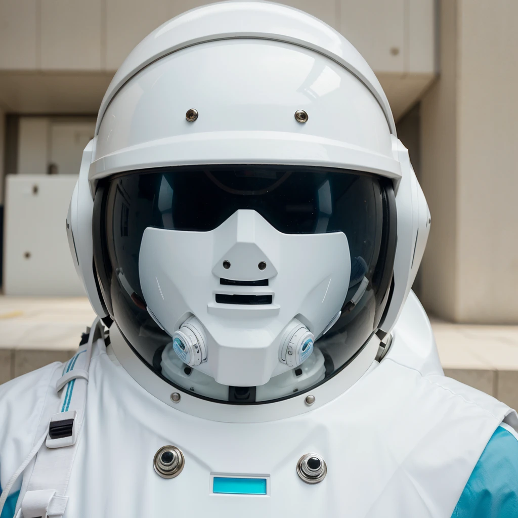 white astronaut style helmet with white robot rabbit ears with cyan details,