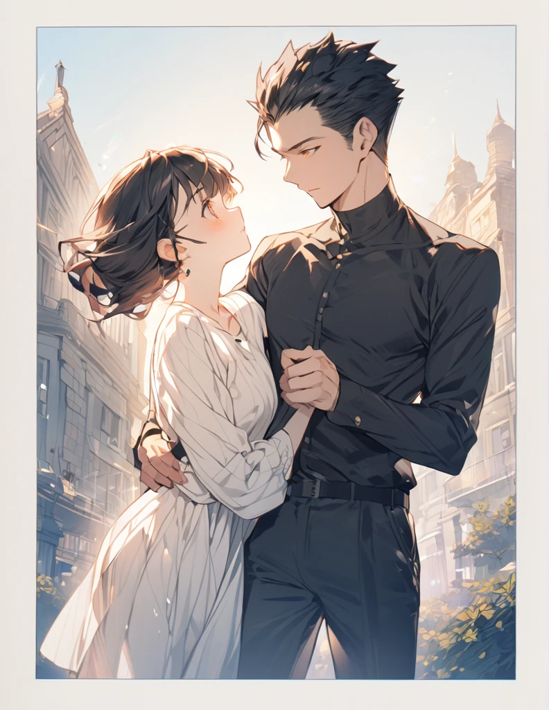 A man in black holding a girl