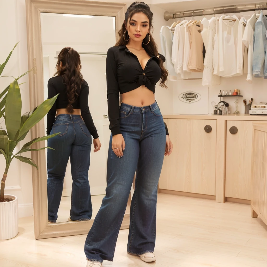 there is a woman standing in front of a mirror in a room, outfit: sexy basic, in clothes! highly detailed, ( ( tan skin ) ), physical : tiny midriff, kawaii shirt and jeans, modern fashion outfit, highly_detailed!!, ( ( ( wearing jeans ) ) ), female outfit, !!highly detailed, latina woman, black long wavy ponytail, crop jacket, sexy, heavy chola makeup, hoop earrings, cleavage, belly button piercing