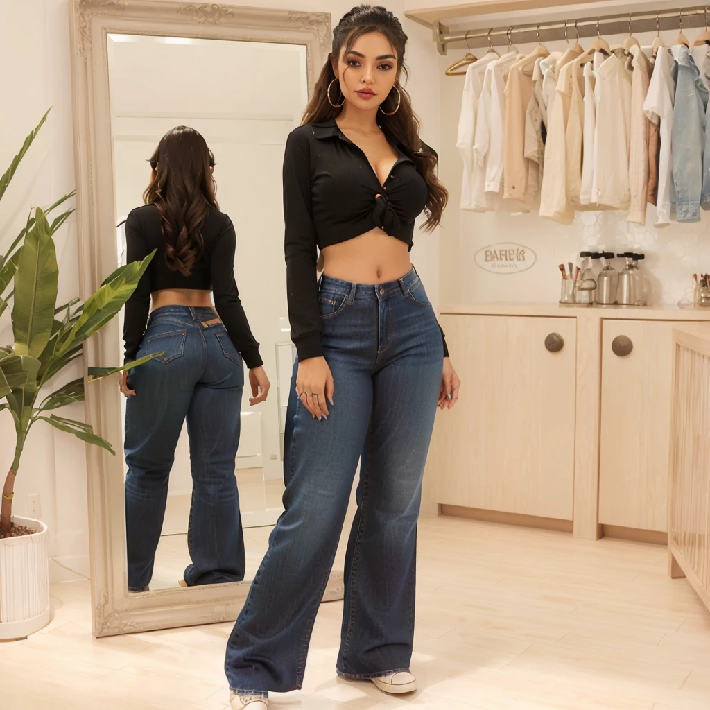 there is a woman standing in front of a mirror in a room, outfit:  basic, in clothes! highly detailed, ( ( tan skin ) ), physical : tiny midriff, kawaii shirt and jeans, modern fashion outfit, highly_detailed!!, ( ( ( wearing jeans ) ) ), female outfit, !!highly detailed, latina woman, black long wavy ponytail, crop jacket, , heavy chola makeup, hoop earrings, cleavage, belly button piercing