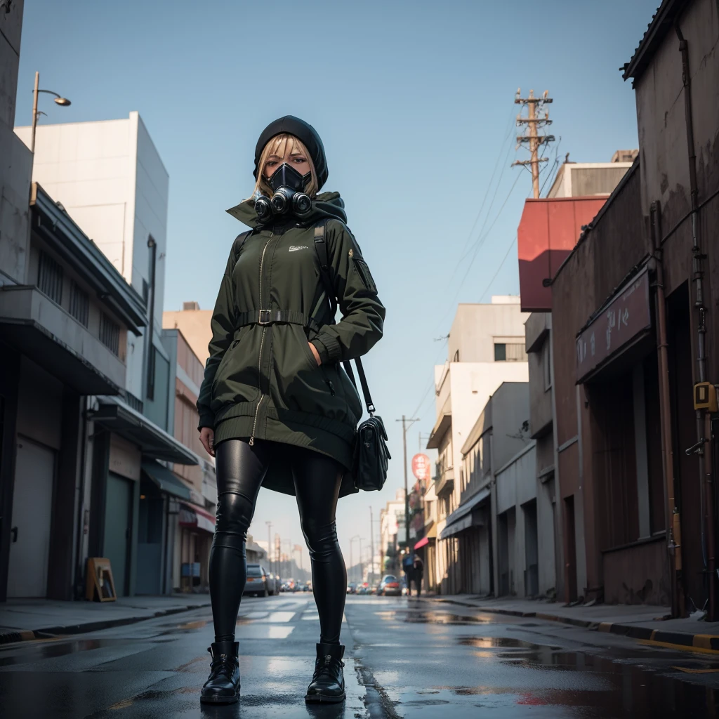 She is walking in middle of a street dressed in black and wearing a gas mask, abandon city with only one Power Nuclear Plant in the distance but there is not other people , there is a olive green toxic smoke in the air, ultra high quality, 4K, low angle, (masterpiece, top quality, best quality, official art, beautiful and aesthetic:1.2),