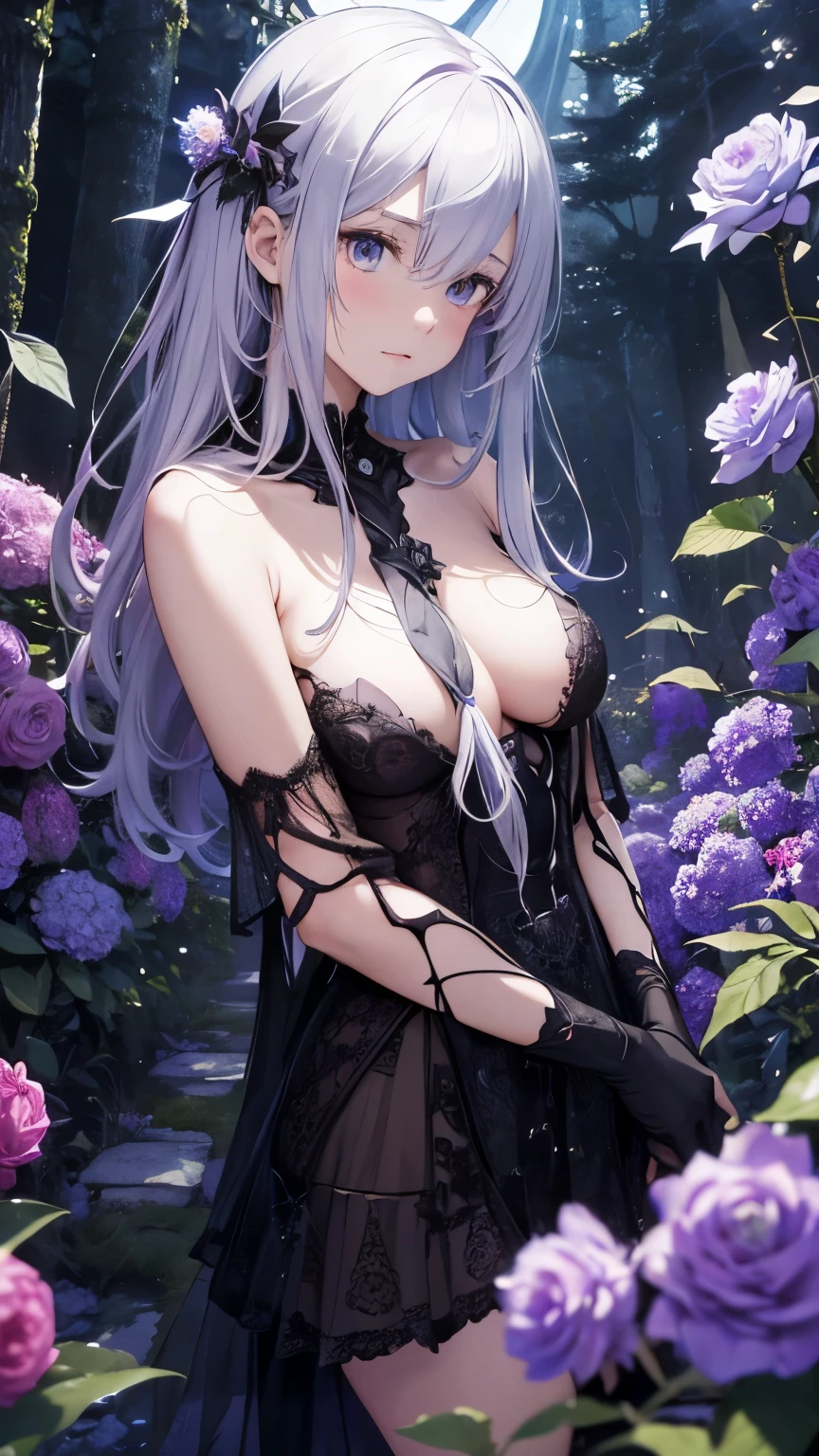 Andreas Untersberger, Arthur Rackham, Franz Cižek, Surrealism Mysterious Weird Fantastic Fantasy Sci-Fi, Japanese Anime, Fairy Tale of Hyacinths and Roses, Hymn of the Night, Miniskirt Beautiful High School Girl, perfect voluminous body, detailed masterpiece Hyper realistic sharp focus embarrassing shy blushing looking at viewer