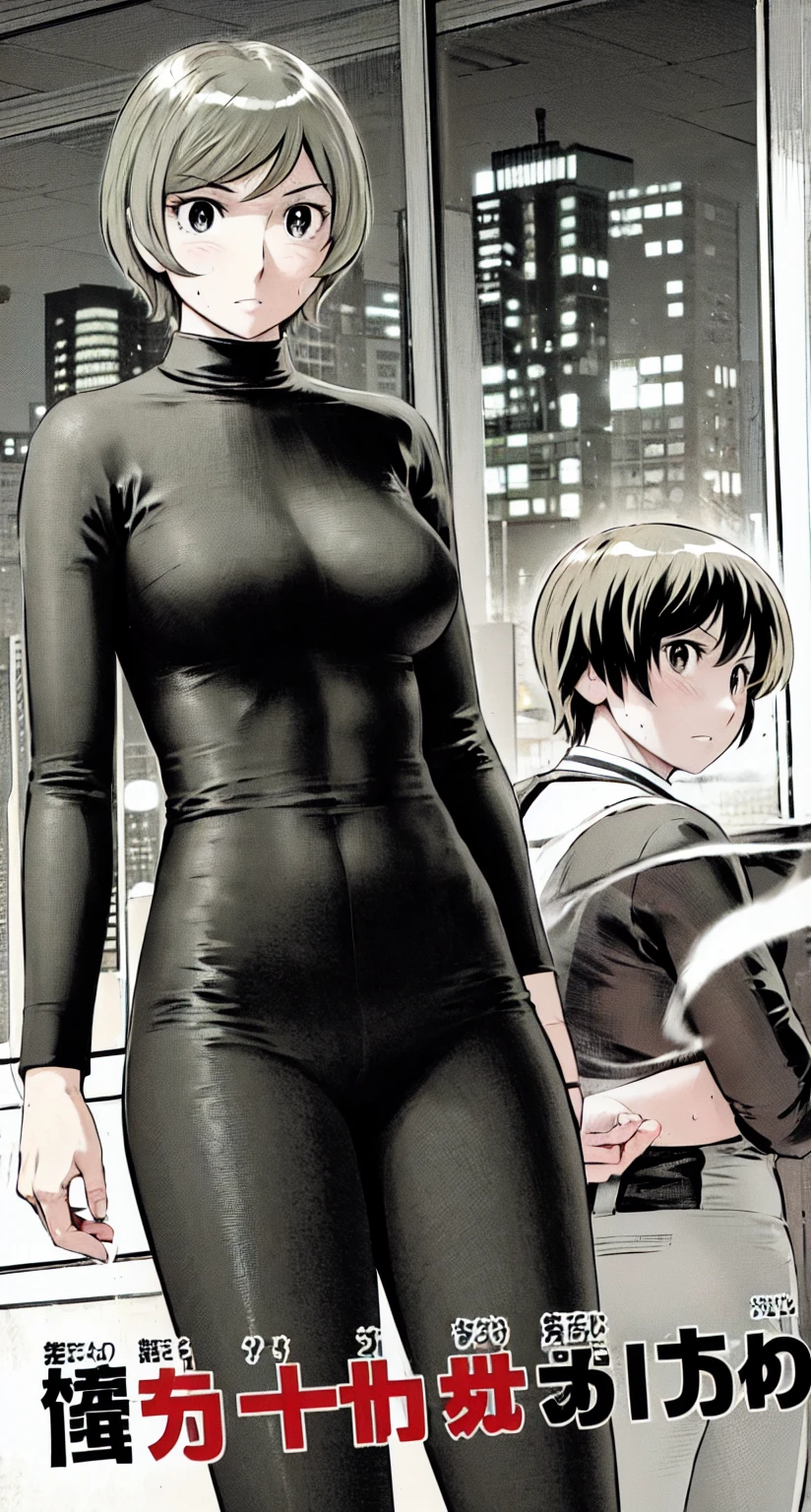 、(masterpiece、Highest quality)、Highest quality, Ultra-high resolution, (((masterpiece))), alone, Sweat、Big eyes,office、Tight white dress shirt、Tight black suit、Tight black pants、indoor、Composition from the front、(Cut the back hair short、short hair、blonde、woman)、Shortcuts、Embarrassed face、Cut your hair short、可愛いwomanの子、Big Breasts