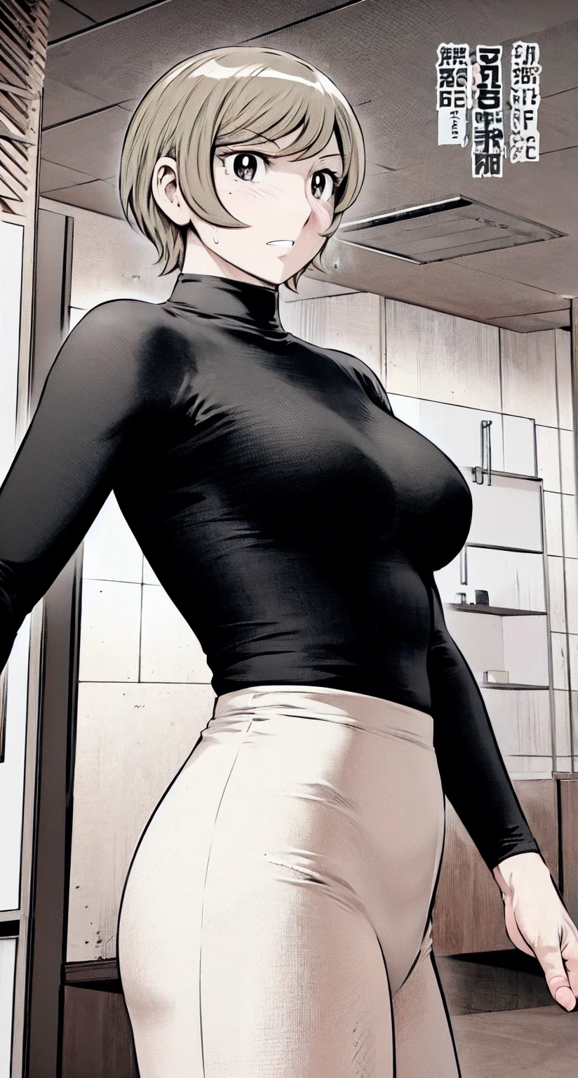 、(masterpiece、Highest quality)、Highest quality, Ultra-high resolution, (((masterpiece))), alone, Sweat、Big eyes,office、Tight white dress shirt、Tight black suit、Tight black pants、indoor、Composition from the front、(Cut the back hair short、short hair、blonde、woman)、Shortcuts、Embarrassed face、Cut your hair short、可愛いwomanの子、Big Breasts