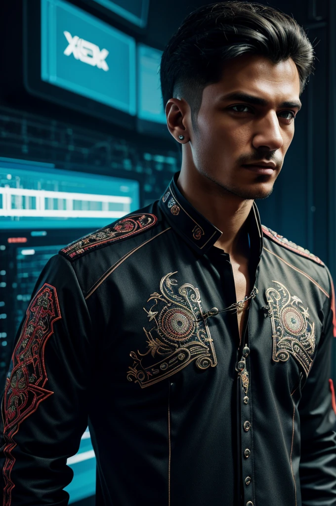 Парень futuristic embroidery on a men's shirt, cyberpunk around the neck, cyberpunk patterns are embroidered, sleeves without patterns, only around the neck in the style of shirt only a computer circuit is embroidered near the neck