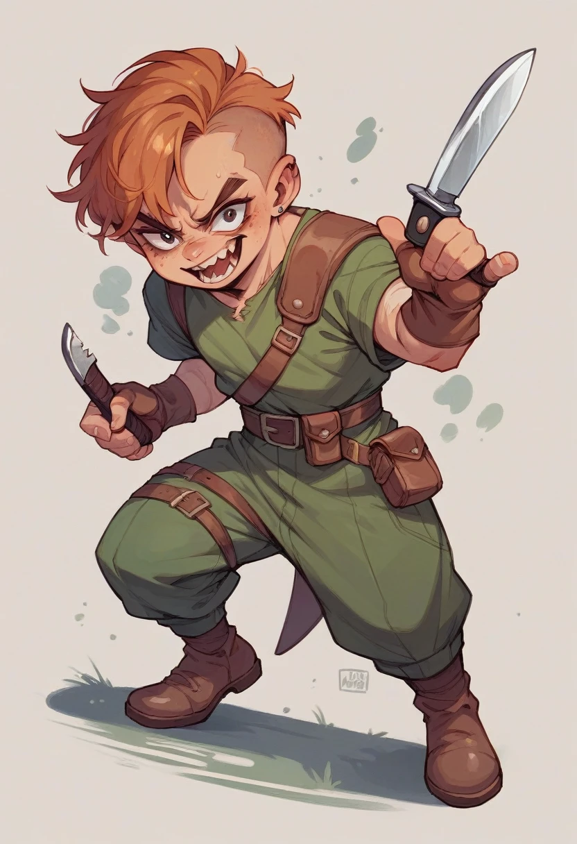 Adult Chucky holding a knife in sheriff outfit
