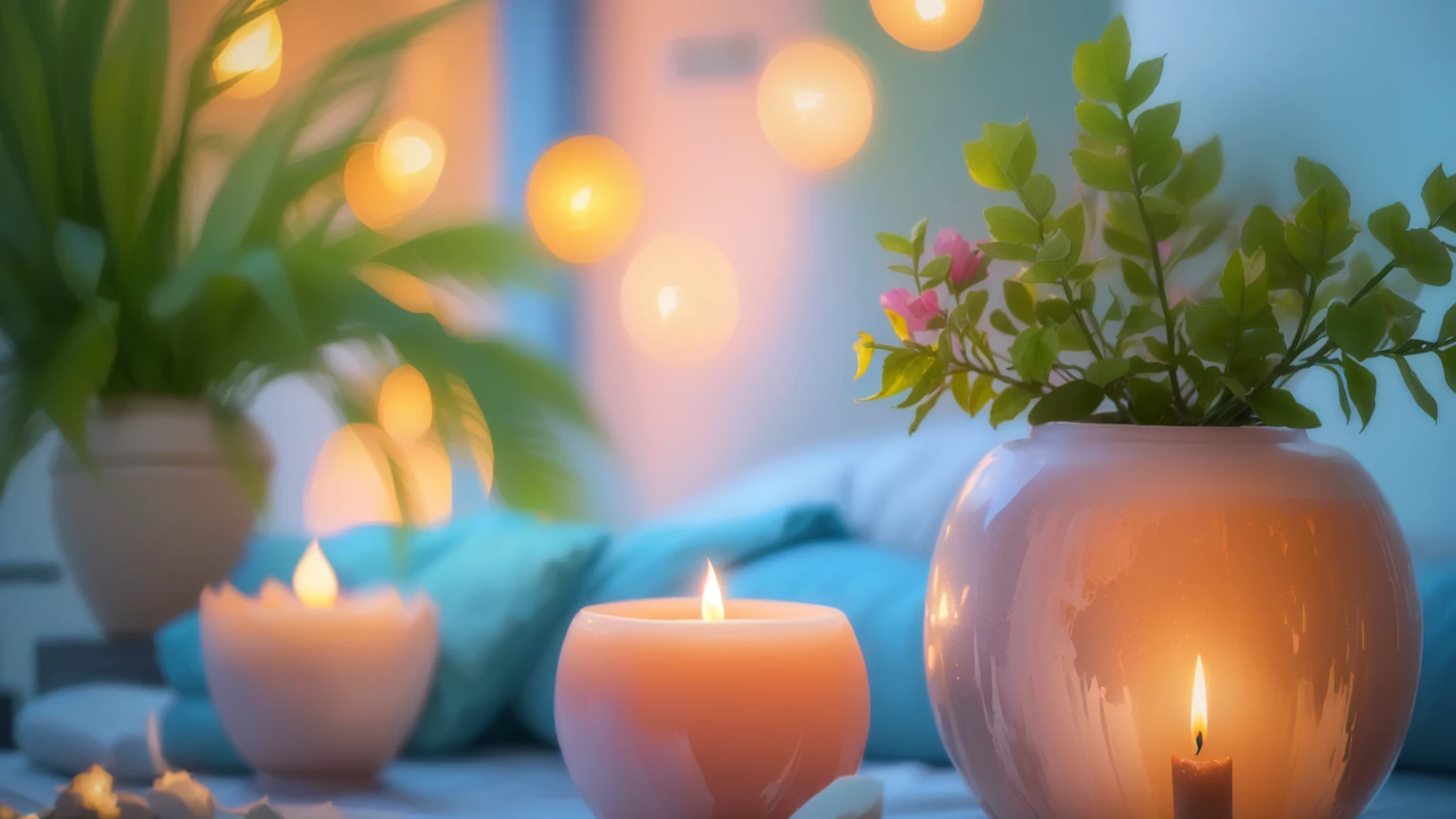 A vase with a plant in it and a lit candle, 心地よいCandlelight, Peaceful atmosphere, Relaxed atmosphere, Cozy and quiet atmosphere, Candles in the foreground, Cozy home background, relaxed mood, Soft glow, Soft and warm light, Warm and calm, Light a candle, 穏やかなNight atmosphere, Beautiful atmosphere, Night atmosphere, Candlelight, Relaxing environment, Warm and fun atmosphere