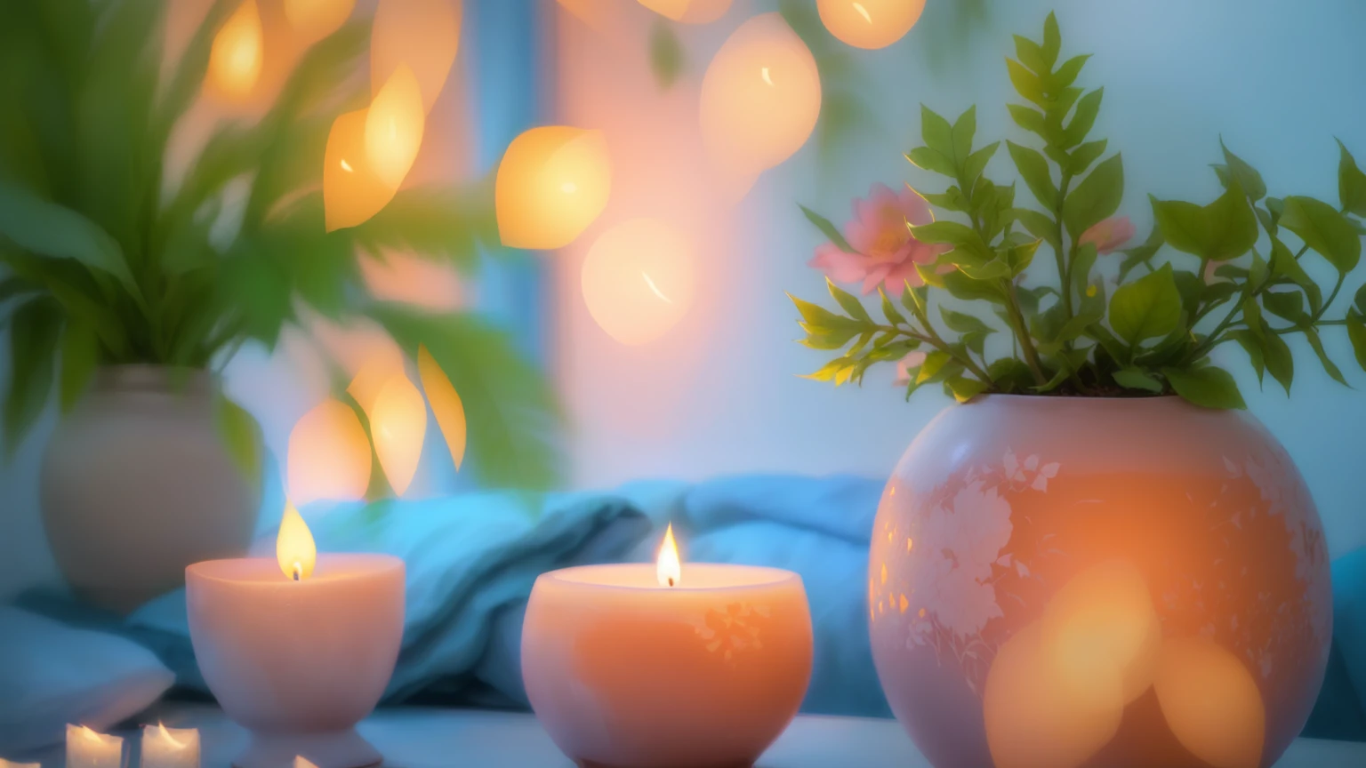 A vase with a plant in it and a lit candle, 心地よいCandlelight, Peaceful atmosphere, Relaxed atmosphere, Cozy and quiet atmosphere, Candles in the foreground, Cozy home background, relaxed mood, Soft glow, Soft and warm light, Warm and calm, Light a candle, 穏やかなNight atmosphere, Beautiful atmosphere, Night atmosphere, Candlelight, Relaxing environment, Warm and fun atmosphere