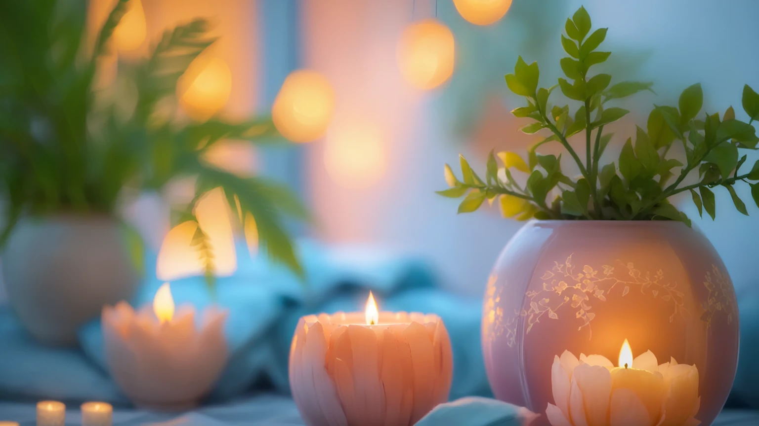 A vase with a plant in it and a lit candle, 心地よいCandlelight, Peaceful atmosphere, Relaxed atmosphere, Cozy and quiet atmosphere, Candles in the foreground, Cozy home background, relaxed mood, Soft glow, Soft and warm light, Warm and calm, Light a candle, 穏やかなNight atmosphere, Beautiful atmosphere, Night atmosphere, Candlelight, Relaxing environment, Warm and fun atmosphere
