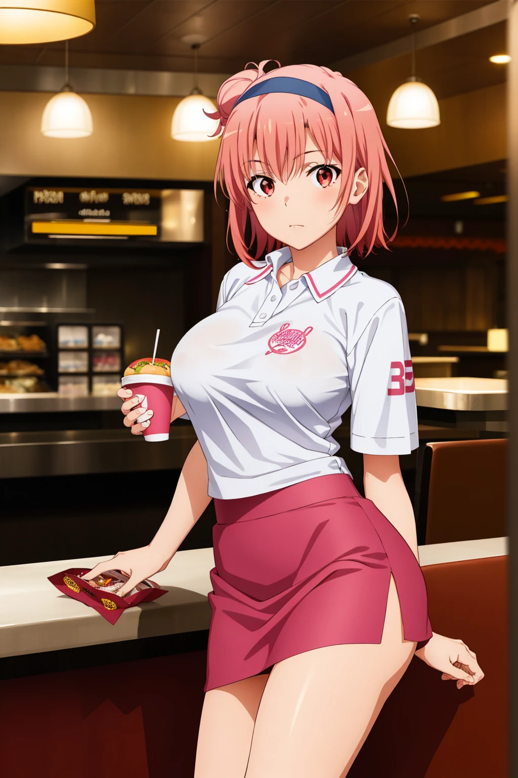highest quality, High resolution, perfect pixel, Depth of the bounds written, 4k, beautiful anime girl, perfect body,
looking at the viewer,
Yuigahama Yui, 1 girl, short hair, pink hair, hair bun, pink eye,
large breast,
{{vector trace}}, 1 girl, fast food restaurant crew, red visor, polo shirt, tight skirt, {{{{younger}}}}, {{slender}},
indoor, fast food restaurant, front view, {cowboy shot}, {{facing the front}}, from outside, {{solo focus}}, {{perfect face}}, {{perfect anatomy}}, intricate (highly detailed),