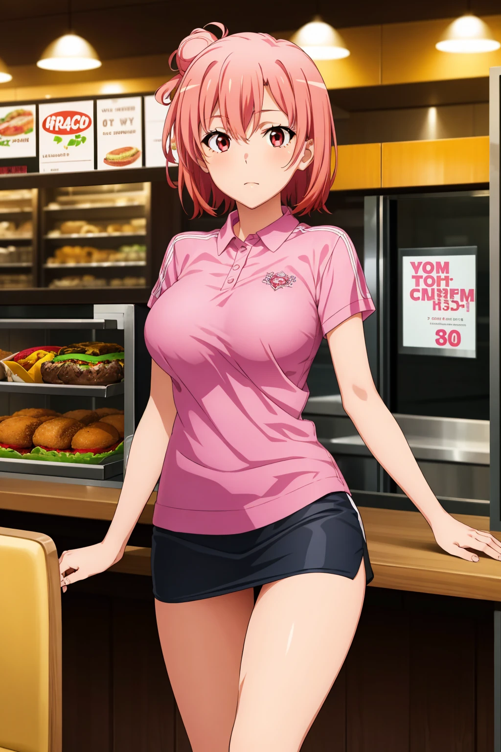 highest quality, High resolution, perfect pixel, Depth of the bounds written, 4k, beautiful anime girl, perfect body,
looking at the viewer,
Yuigahama Yui, 1 girl, short hair, pink hair, hair bun, pink eye,
large breast,
{{vector trace}}, 1 girl, fast food restaurant crew, red visor, polo shirt, tight skirt, {{{{younger}}}}, {{slender}},
indoor, fast food restaurant, front view, {cowboy shot}, {{facing the front}}, from outside, {{solo focus}}, {{perfect face}}, {{perfect anatomy}}, intricate (highly detailed),