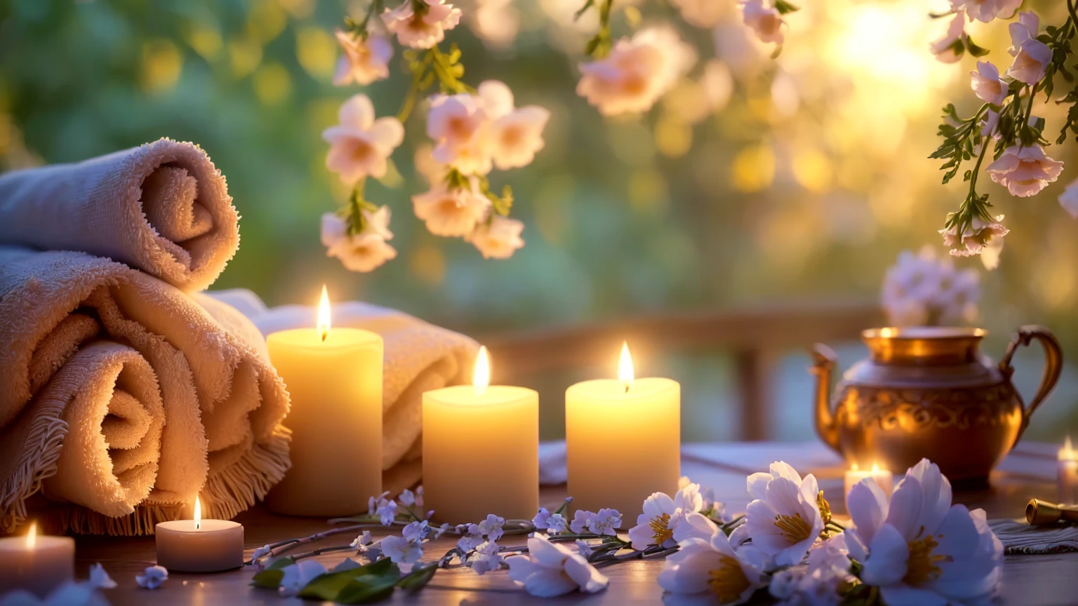 Candles and towels are sitting on a table with flowers and Candles, lit Candles, Candles in foreground, Candles, lit with Candles, glowing Candles, Peaceful atmosphere, Relaxed atmosphere, Beautiful atmosphere, Beautiful atmosphere, Romantic atmosphere, floating Candles, Candlesライト, Beautifully illuminated, Soft glow, 穏やかなNight atmosphere, Night atmosphere, Candlelight, Romantic atmosphere