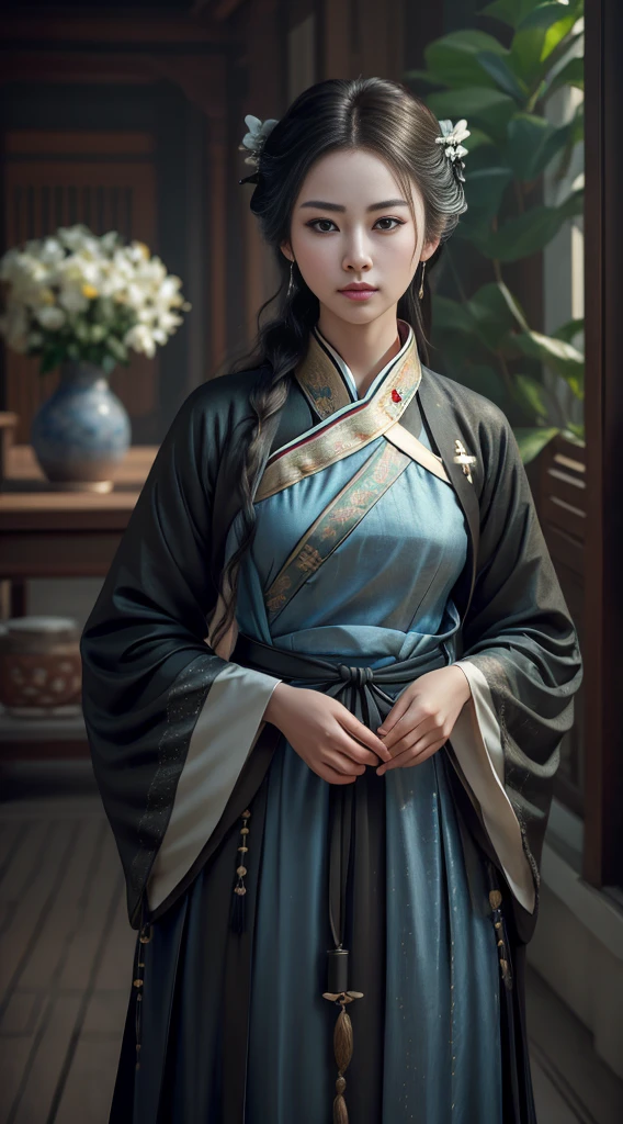 (fidelity: 1.4), ((Hanfu negro)), big sleeves, small rings, On the rise, Mole under the eyes, Denim lens, bokeh, Perspective shortening, negative space, chiaroscuro, depth of field, ray tracing, Masterpiece, anatomically correct, textured skin, Best Quality, 8k, ultra high definition, necessary