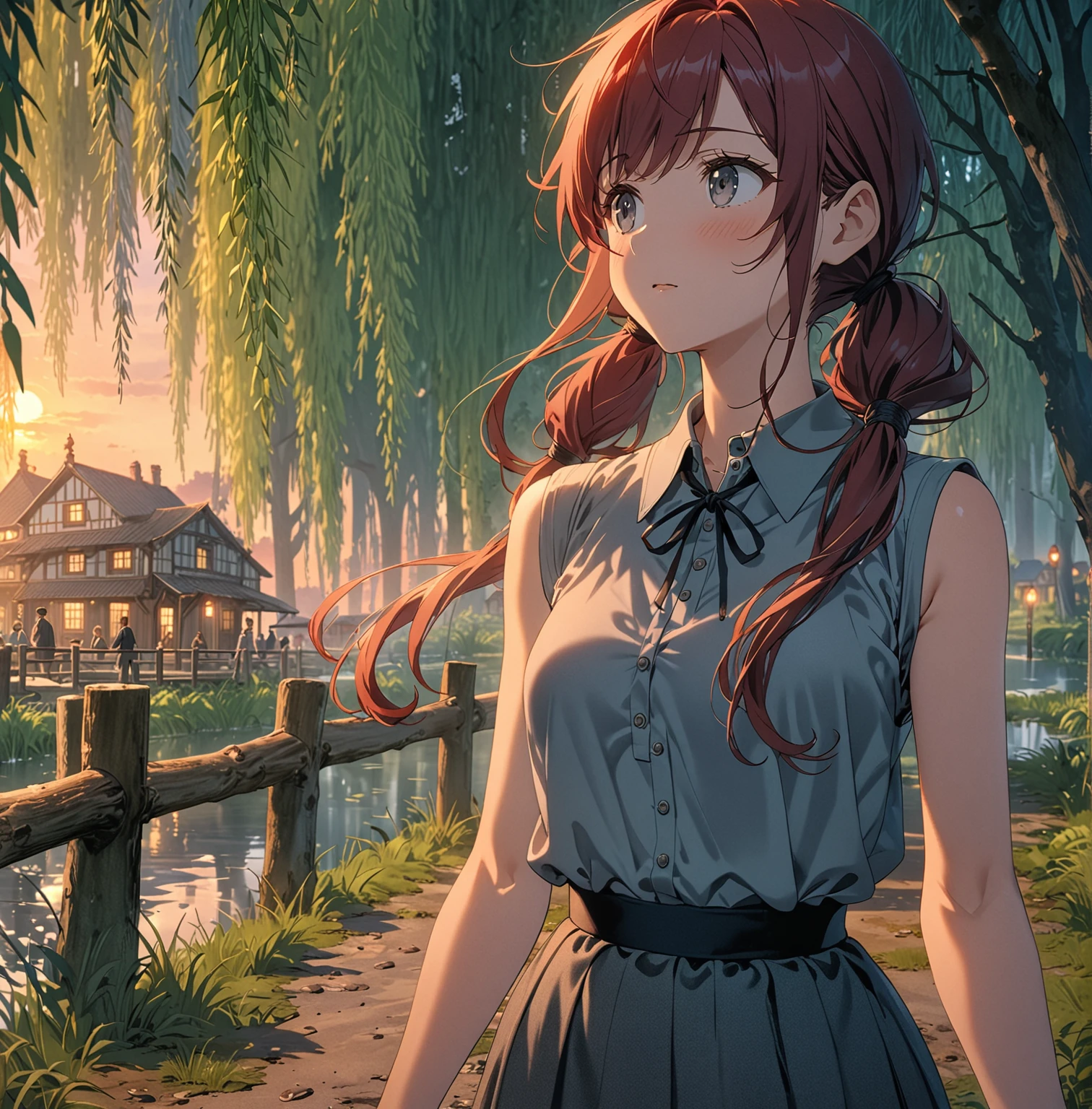 masterpiece、highest quality、High definition、anime、1910s Europe、Fantasy、dusk, ((young woman watching the sunrise))、dark red hair in low twin tails, swept bangs, gray eyes, select gray collared shirt, gray skirt, black jeans, small breasts, toned arms, Looking away, swamp, willow trees, Idyllic town, A peaceful evening as people end their day、tranquil atmosphere, from behind, from below