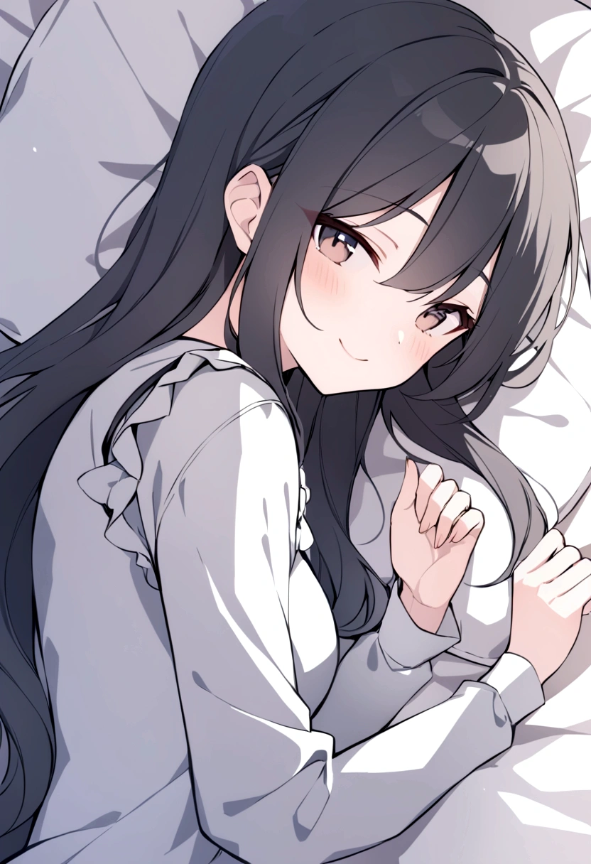 slender, mature female, rating:safe, 1girl, solo, long_hair, on_side, lying, dress, long_sleeves, looking_at_viewer, dress, pillow, blush, black_hair, bangs, closed_mouth, hair_between_eyes, pale_color, eyebrows_visible_through_hair, hands_up, shirt, holding, long_dress, frills, from_side, from_above, smile