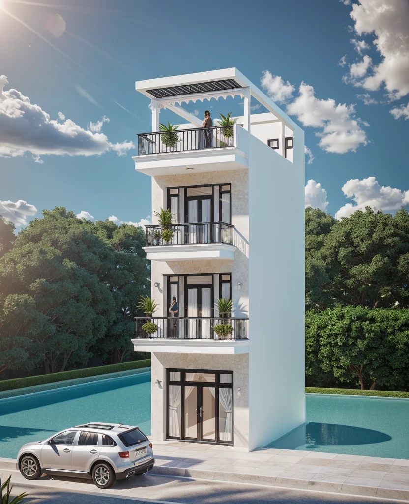 1 neoclassical style townhouse with white walls, black iron railings, black glass doors, black iron flower trellis frame, noon sun, very beautiful shade Masterpiece,best quality,8k uhd,dslr,soft lighting,high quality,hyper detail,film grain,Fujifilm XT3, UE 5 render 8k, super high resolution, supper detail:1.2), Super sharp like photos taken with a professional camera,