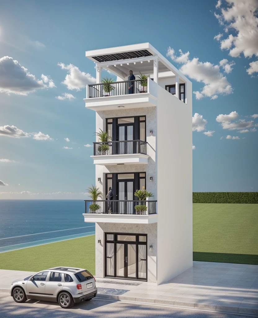 1 neoclassical style townhouse with white walls, black iron railings, black glass doors, black iron flower trellis frame, noon sun, very beautiful shade Masterpiece,best quality,8k uhd,dslr,soft lighting,high quality,hyper detail,film grain,Fujifilm XT3, UE 5 render 8k, super high resolution, supper detail:1.2), Super sharp like photos taken with a professional camera,
