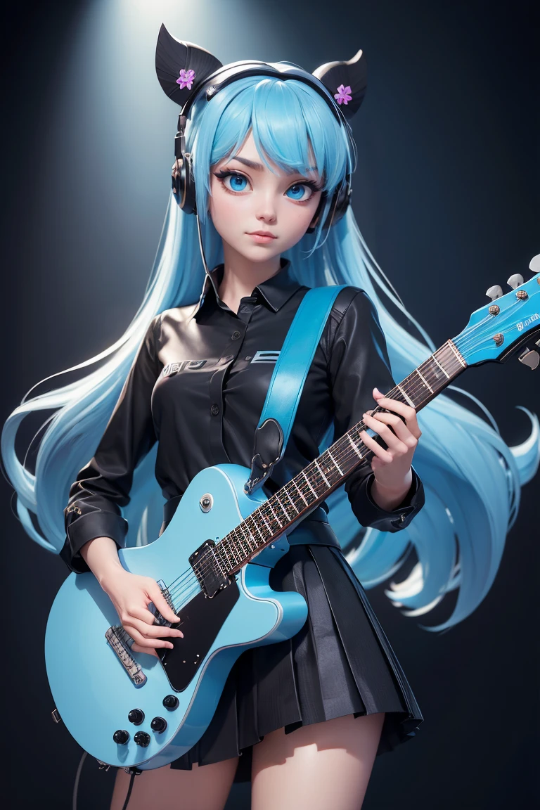 ((masterpiece, best quality))1 Girl, Solitary, Black skirt, blue eyes, electric Guitar, Guitar, earphone, Double tail, Keep, Keep plectrum, Musical Instruments, Long hair, music, one side up, Cyan hair, Double tail, 弹Guitar, Pleated Skirt, Black shirt, Internal,3DMM