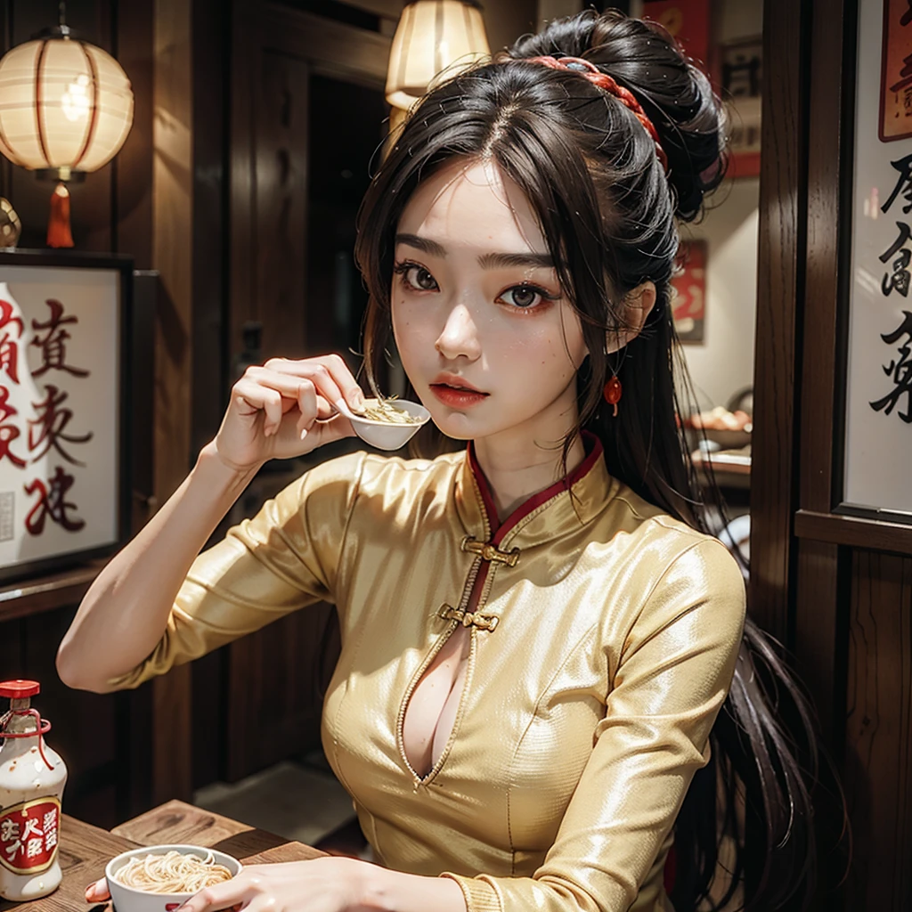 1 woman,very beautiful,Very sexy,Noodle shop made of wood ,3D,High quality,Very similar to a real person,Chinese people,8K,Wear sexy clothes,Bend your head to eat noodles,Wang Weng atmosphere,Horror movie, slightly foggy