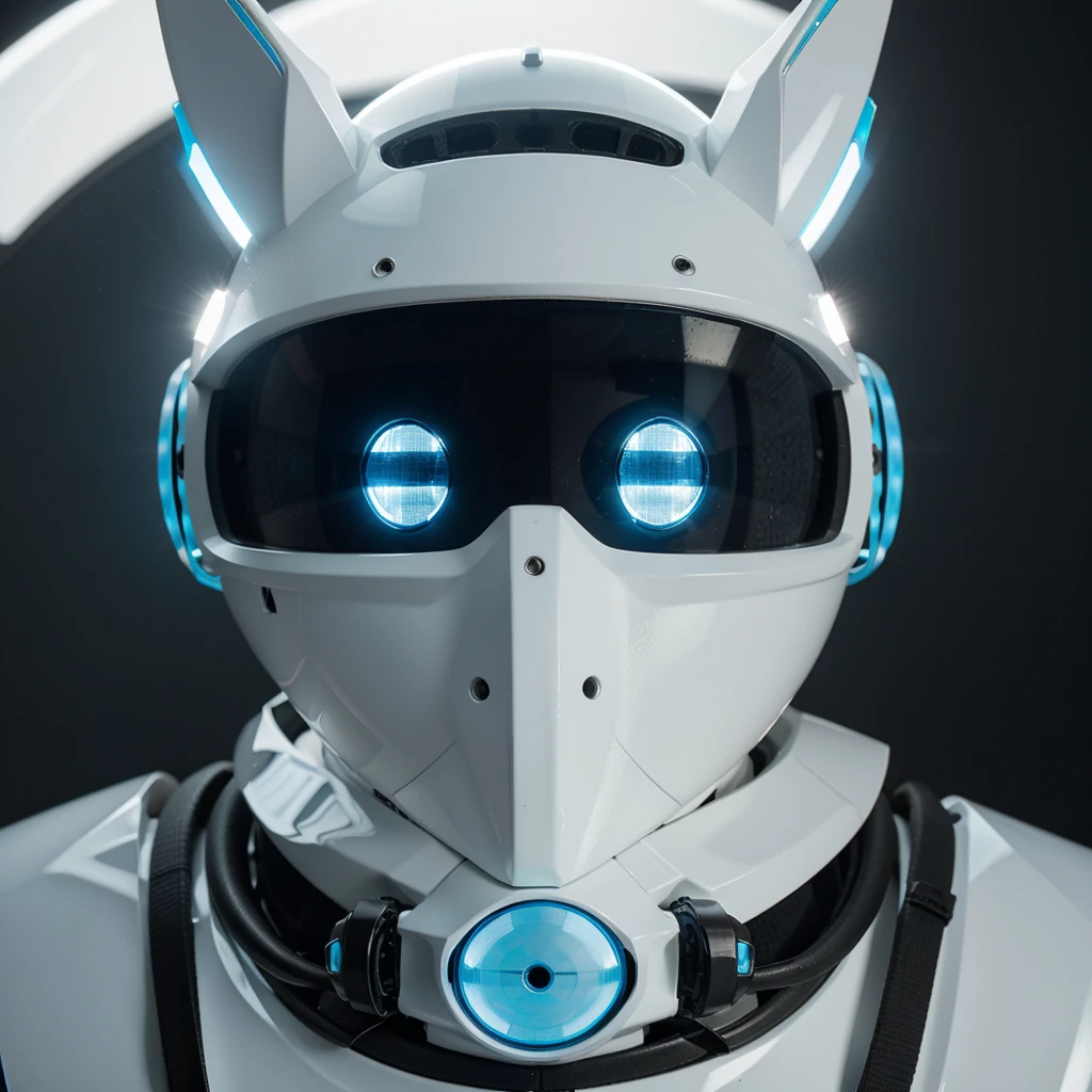 White helmet with cyan details with visor with an LED screen with robot rabbit ears