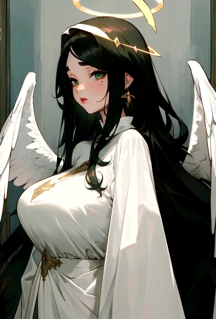 ((best quality)), ((masterpiece)), (detailed), 1woman, long white dress, large breasts, green eyes, super long black hair, beauty mark by left eye, plump lips, white wings on head, halo