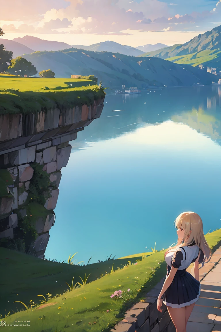 Anime girl with beautiful landscape, she stands out for her great curves