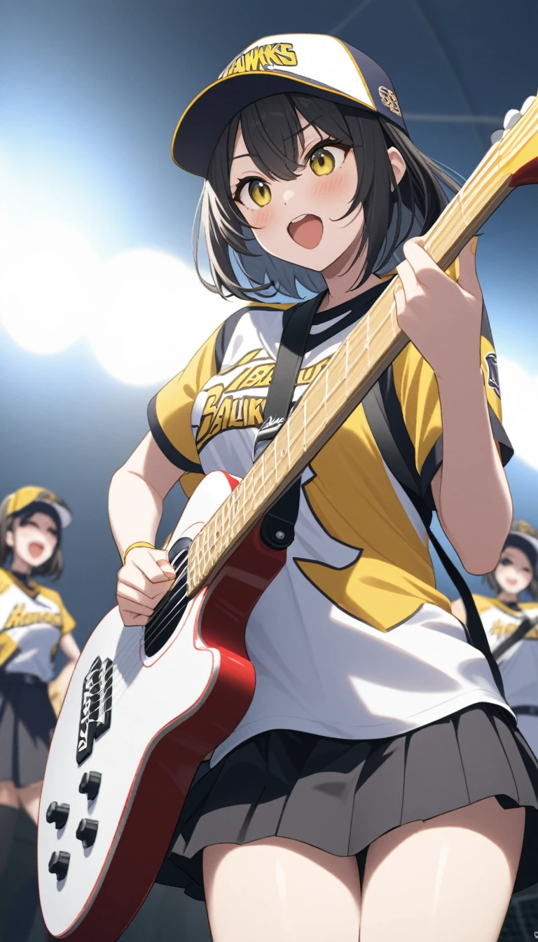 A female vocalist of a girl band, a black-haired girl playing an electric guitar、Revolution Yellow Fukuoka SoftBank Hawks baseball cap 、Wearing a revolution yellow Fukuoka SoftBank Hawks baseball shirt、rock、sing　dance
