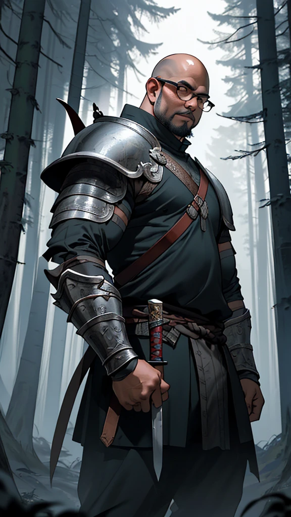 A bald head obese Indonesian man with glasses and clean round face, walks through a dark forest with dramatic lighting. Wearing full armor Viking warrior attire and carrying a big sword, he is ready to confront enemies. This photo captivates with its blend of culture and fantasy, creating a compelling epic atmosphere.