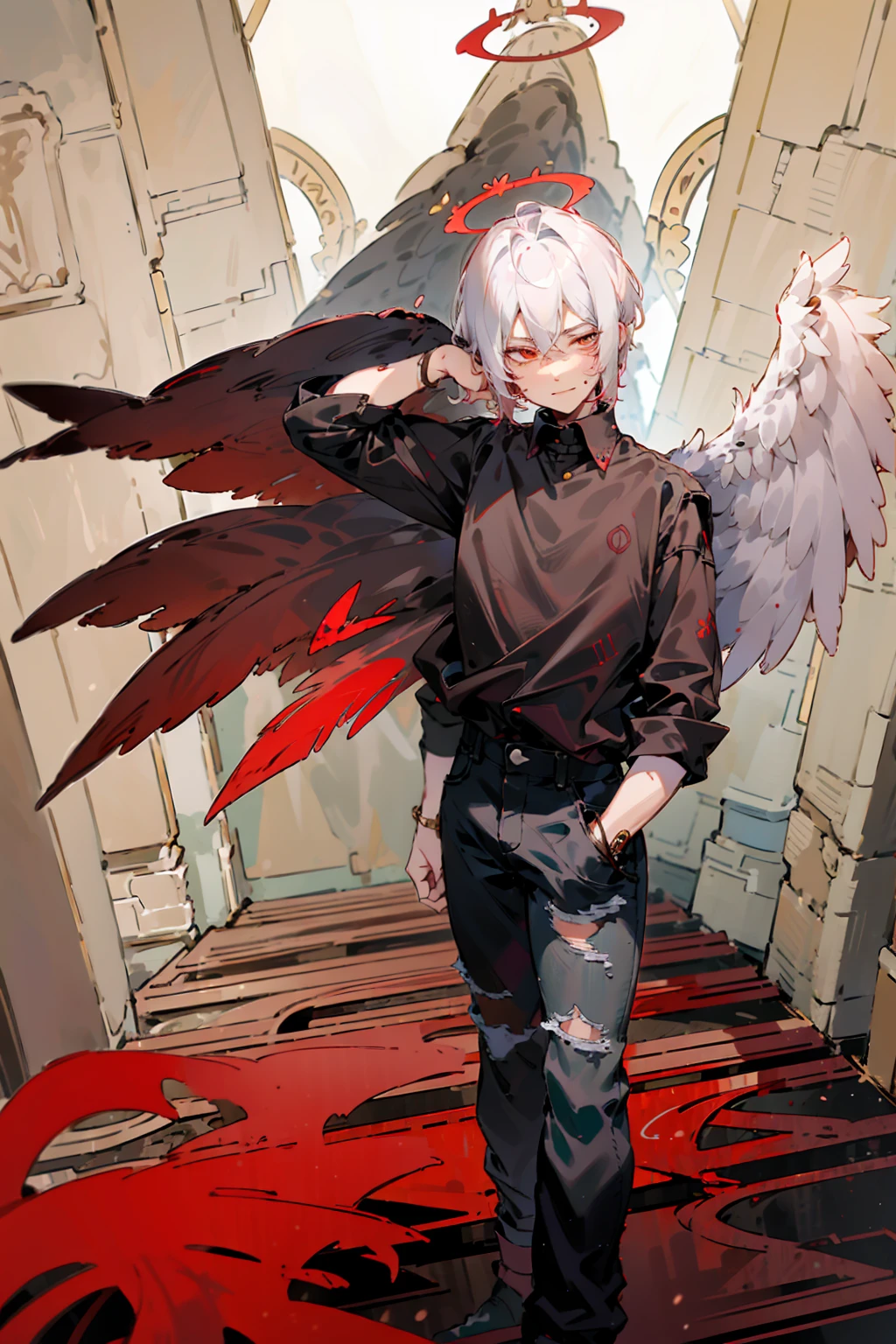 1male, Adult, Two Tone Hair, Crimson and White Hair, Short Hair, Undercut Hair, Red Angel Halo, Black Angel Wings, Golden Eyes, Smirk, Black Flannel Shirt, Black Ripped Jeans, Standing On Path