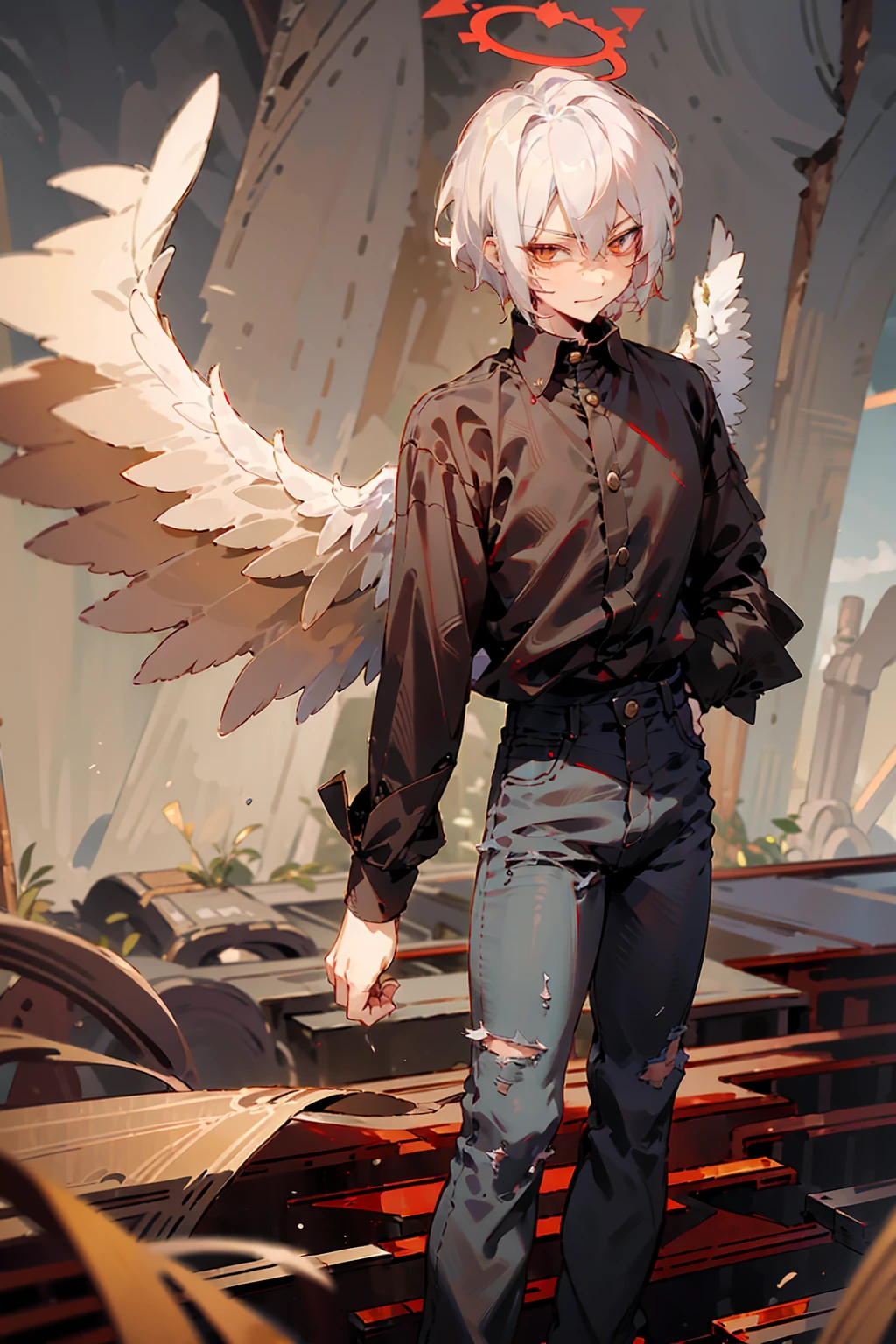 1male, Adult, Two Tone Hair, Crimson and White Hair, Short Hair, Undercut Hair, Red Angel Halo, Black Angel Wings, Golden Eyes, Smirk, Black Flannel Shirt, Black Ripped Jeans, Standing On Path
