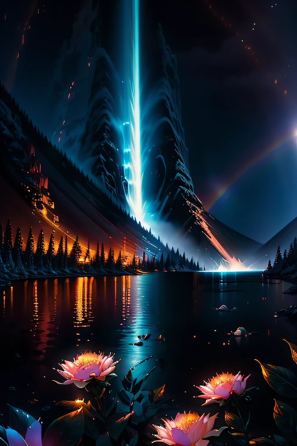 Night descends over a serene lake, shrouded in a gentle mist that dances upon its glassy surface. Moonlight filters through the mist, casting a soft glow on the water and illuminating the surrounding foliage. Fireflies flit about, their flickering lights adding an ethereal quality to the scene. In the distance, the fiery glow of a volcano and the thunderous roar of a waterfall break the tranquility. Rainbow light refracts off the peonies that bloom by the lake's edge, their tender, delicate petals a stark contrast to the raw power of the elements.

A slender, chic figure emerges from the