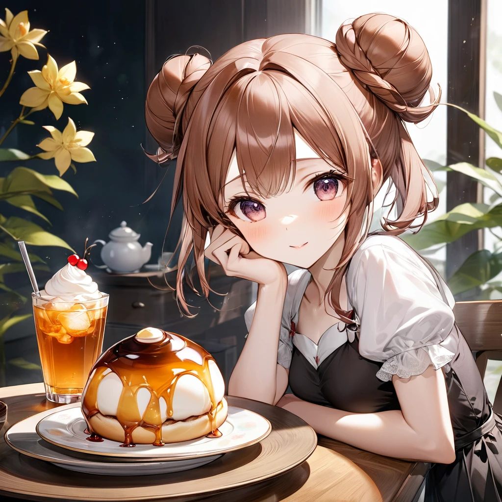 The very delicious looking chestnut buns from Kogetsudo。There is a cup of cold tea on the table。perfect anatomy, masterpiece, best quality, 16K, beautiful detailed grow, daydreaming expression