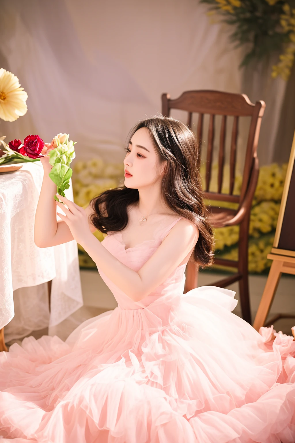 there is a woman sitting on the floor holding a flower, dilraba dilmurat, sha xi, krystal, jia, fantasy photoshoot, cute elegant pose, wearing organza gown, wearing a pink ballroom gown, xianxia fantasy, li zixin, captured on canon eos r 6, shot with canon eoa 6 d mark ii, beautiful princess